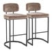 A pair of barstools with black metal frames and brown fabric upholstered seats and backs.