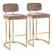 A pair of barstools with gold metal frames and brown fabric upholstered seats and backs.
