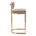 A modern barstool with a gold metal frame and brown fabric upholstered seat and back.