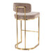 A modern barstool with a gold metal frame and brown fabric upholstered seat and back.