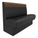 A black and brown upholstered single back booth with a head roll, designed for cafe or restaurant seating.