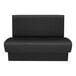 A black upholstered double back booth with a high backrest and channel stitching.