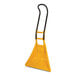 A yellow poly blade snow shovel with a multi-grip black handle and a wear strip.