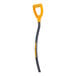 A snow shovel handle with an ergonomic yellow D-grip and a curved gray shaft.