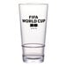 A clear plastic mixing glass with a black FIFA World Cup 2026 logo printed on the front.