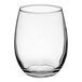 A clear, stemless wine glass with a rounded shape and a 17 oz. capacity.