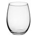 A clear, 15 oz. stemless wine glass with a rounded shape.
