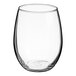 A clear, stemless wine glass with a rounded shape and a 21 oz. capacity.