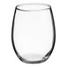 A clear, stemless wine glass with a 12 oz. capacity.