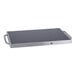 A rectangular stainless steel warming shelf with handles on both sides and a black top surface.