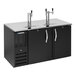 A black kegerator beer dispenser with one single and one double tap, featuring two doors and a stainless steel top.