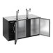 A black kegerator beer dispenser with one single and one double tap, featuring two open doors and a stainless steel top.