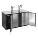 A commercial black kegerator beer dispenser with two triple tap towers and double doors, designed to hold two half kegs.