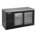 A black counter height back bar refrigerator with sliding glass doors and metal shelving.