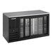 A black counter height sliding glass door back bar refrigerator with a stainless steel top and multiple shelves.