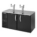A black double-door kegerator beer dispenser with two double tap towers.