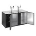 A black double tap kegerator beer dispenser with two open doors and two tap towers on top.