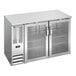 A stainless steel underbar height back bar refrigerator with two glass doors and shelving inside.