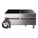 A four-hob heavy duty induction range with a temperature control probe and stainless steel construction.