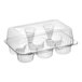 A clear plastic hinged container with six compartments and a high dome lid for holding cupcakes or muffins.