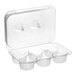A clear plastic hinged container with six compartments and a high dome lid for holding cupcakes or muffins.