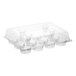 A clear plastic hinged container with a high dome lid and 12 compartments for holding standard cupcakes or muffins.