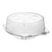 A clear plastic hinged pie container with a high dome lid.