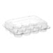 A clear plastic hinged container with twelve compartments and a high dome lid for holding mini cupcakes or muffins.