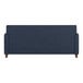 A navy blue sofa with wooden feet and a smooth backrest.