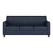 A navy blue three-seat sofa with wooden feet and a modern design.