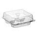 A clear plastic hinged container with four compartments and a low dome lid, designed for holding jumbo cupcakes or muffins.