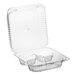 A clear plastic hinged container with four compartments and a low dome lid, designed for holding jumbo cupcakes or muffins.