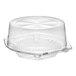 A clear plastic hinged pie container with a high dome lid.