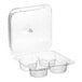 A clear plastic hinged container with four compartments and a high dome lid for holding cupcakes or muffins.