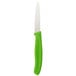 A Victorinox paring knife with a green handle.