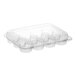 A clear plastic hinged container with twelve compartments and a low dome lid for holding mini cupcakes or muffins.