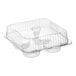 A clear plastic hinged container with four compartments and a medium dome lid for holding cupcakes or muffins.