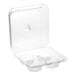 A clear plastic hinged container with four compartments and a medium dome lid for holding cupcakes or muffins.