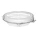 A clear plastic hinged pie container with a low dome lid.