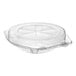 A clear plastic hinged pie container with a low dome lid.