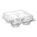 A clear plastic hinged container with four compartments and a medium dome lid for holding jumbo cupcakes or muffins.
