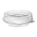A clear plastic hinged pie container with a high dome lid.