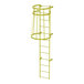 A yellow steel fixed ladder with a safety cage and twelve rungs.