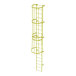 A yellow steel fixed ladder with a safety cage and 19 rungs designed for industrial use.