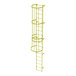 A yellow steel fixed ladder with an attached safety cage and 18 rungs.