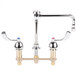A chrome T&S deck-mount faucet with gooseneck and wrist action handles.