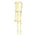 A yellow steel fixed ladder with a safety cage and walk-thru guardrails.