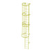 A yellow steel fixed ladder with a safety cage and 20 rungs designed for industrial use.