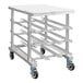 A heavy-duty counter height mobile aluminum can rack with a food-grade HDPE top designed for #10 and #5 cans.