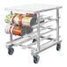 A heavy-duty mobile aluminum can rack with a food-grade HDPE top designed to hold #10 and #5 cans.